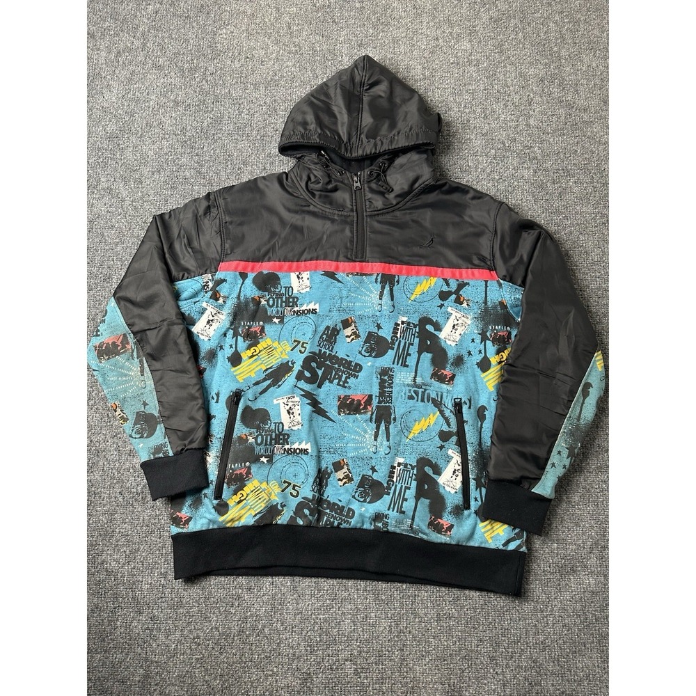 Mens Staple Graphic Half Zip Pullover Hoodie Blue Black, Size XL